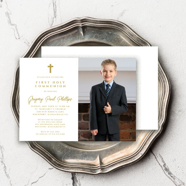 First Communion Gold White Minimalist Boy Photo Invitation (Creator Uploaded)