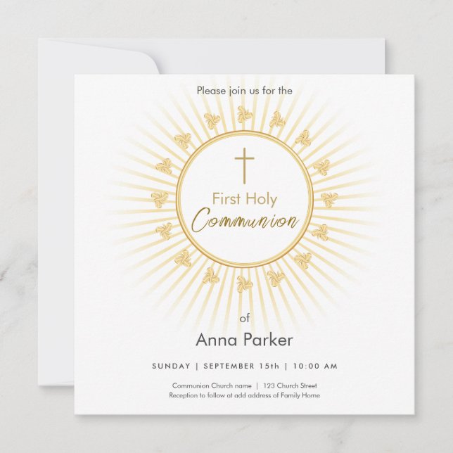 First Communion Gold with Cross, Invitation (Front)