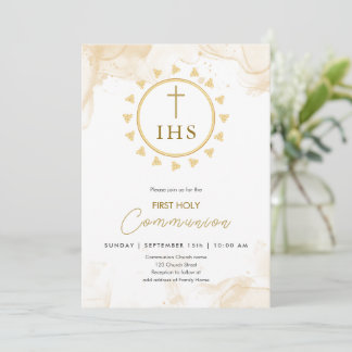 First Communion Gold with IHS lettering Invitation