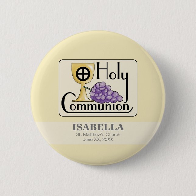 First Communion Grapes and Cup, Customisable 6 Cm Round Badge (Front)