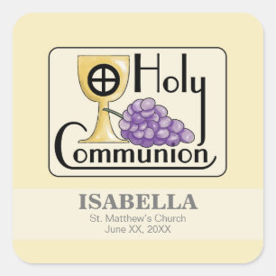 First Communion Grapes and Cup, Customisable Square Sticker