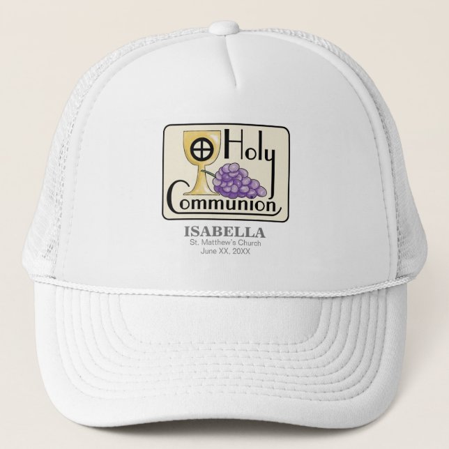 First Communion Grapes and Cup, Customisable Trucker Hat (Front)
