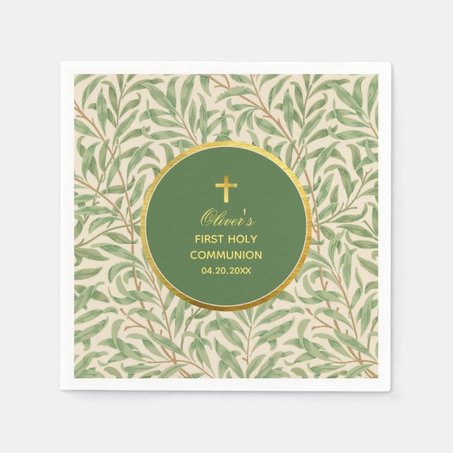 First Communion Green Faux Gold Foliage Greenery Napkin (Front)