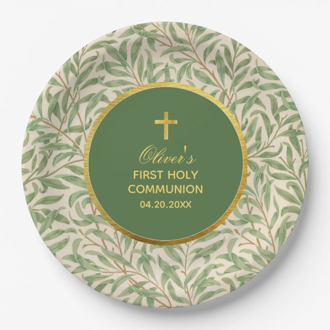 First Communion Green Faux Gold Greenery Foliage Paper Plate (Front)