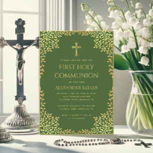 First Communion Green Faux Gold Leaves Vintage Invitation