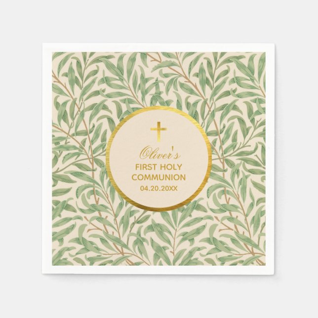 First Communion Green Leaves Faux Gold Foil Morris Napkin (Front)