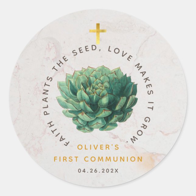 First Communion Green Succulent Faith Plants Seed Classic Round Sticker (Front)