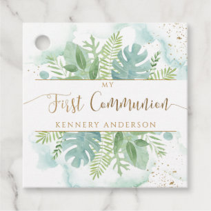 First Communion Greenery & Blue Green Watercolor Favour Tags