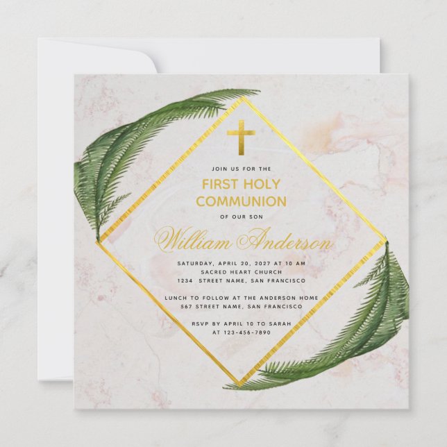 First Communion Greenery Faux Gold Marble Fern Invitation (Front)