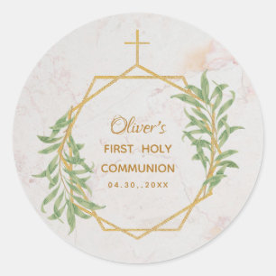 First Communion Greenery Gold Botanical Geometric Classic Round Sticker