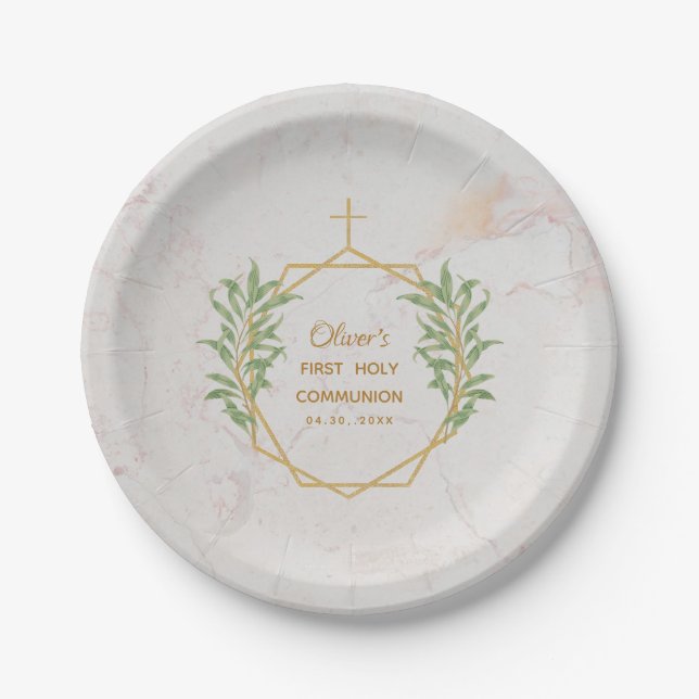 First Communion Greenery Gold Botanical Geometric  Paper Plate (Front)