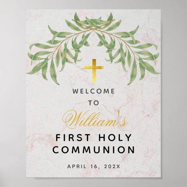 First Communion Greenery Marble Gold Cross Welcome Poster (Front)