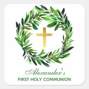 First Communion Greenery Wreath Gold Cross Foliage Square Sticker