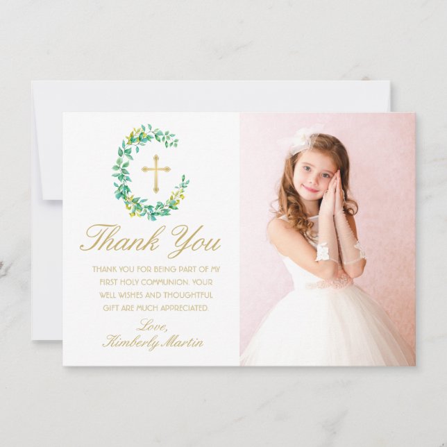 First Communion Greenery Wreath Gold Cross Photo Thank You Card (Front)