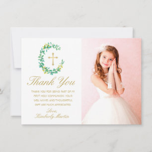 First Communion Greenery Wreath Gold Cross Photo Thank You Card