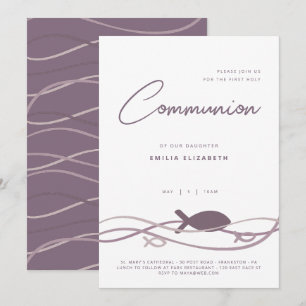 First Communion - Ichthys Fish Purple Modern Invitation