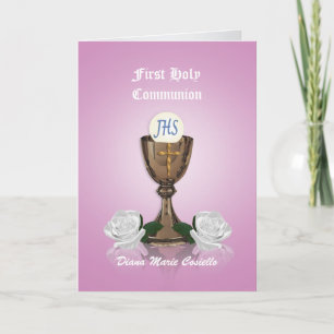 First communion invitation Chalice on pink