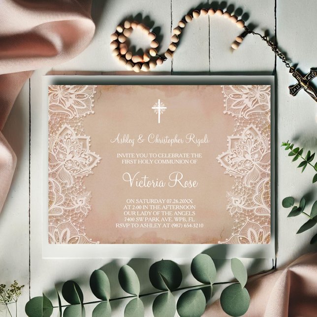 First Communion Invitation Pink Vintage (Girl first communion invitation pink with white lace design by VG Invites)
