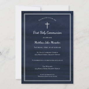 First Communion Invitations Navy Watercolor Wash