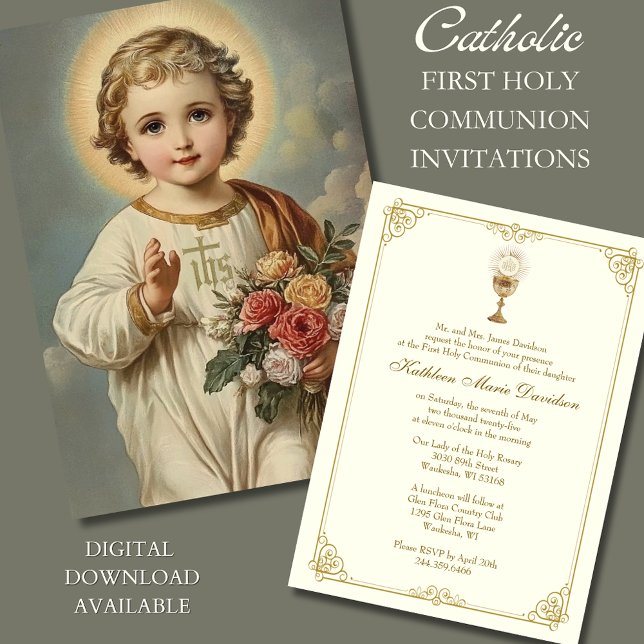 First Communion Jesus Floral Vintage  Invitation (Creator Uploaded)