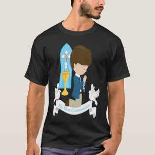 First Communion   Kids Brown Hair Boy Rosary Son T-Shirt