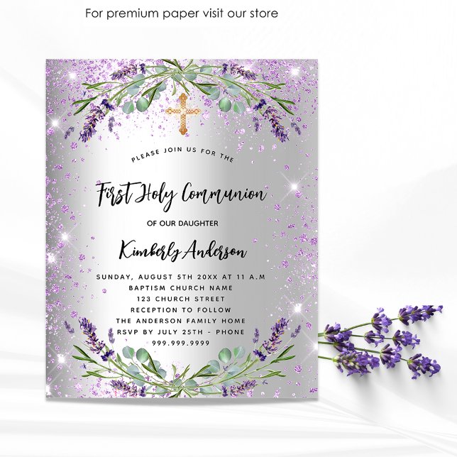 First Communion lavender silver budget Invitation Flyer (Creator Uploaded)
