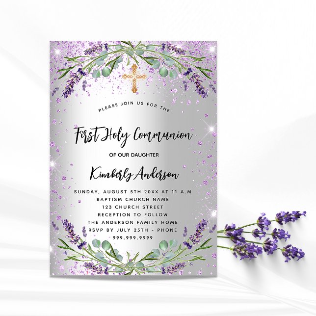 First Communion lavender silver violet sparkles Invitation Postcard (Creator Uploaded)