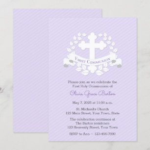 First Communion Leaf Laurel Cross Lilac Invitation