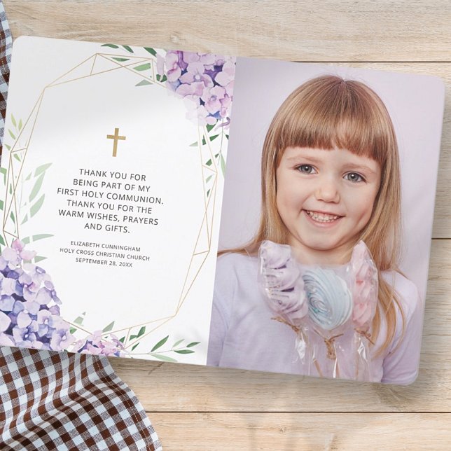 First Communion | Lilac Floral Geometric Photo Thank You Card (Creator Uploaded)
