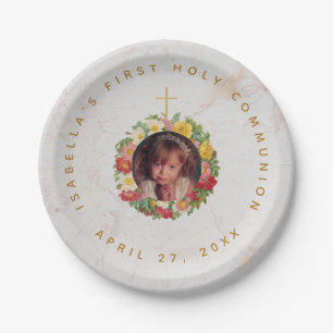 First Communion Marble Girl Photo in Rose Wreath Paper Plate
