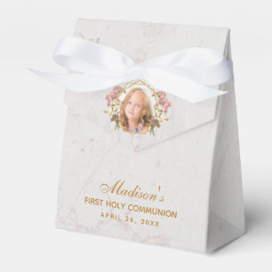 First Communion Marble Girl Photo Pink Orchid Gold Favour Box