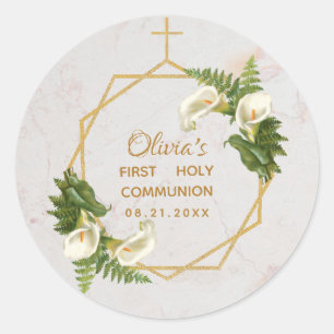 First Communion Marble Gold Calla Lilies Geometric Classic Round Sticker