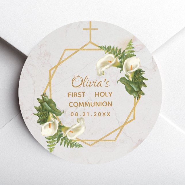 First Communion Marble Gold Calla Lilies Geometric Classic Round Sticker (Creator Uploaded)