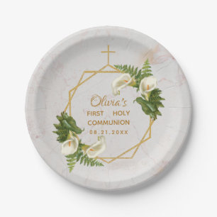 First Communion Marble Gold Calla Lilies Geometric Paper Plate