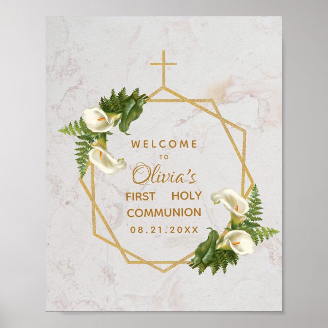 First Communion Marble Gold Calla Lilies Welcome Poster (Front)