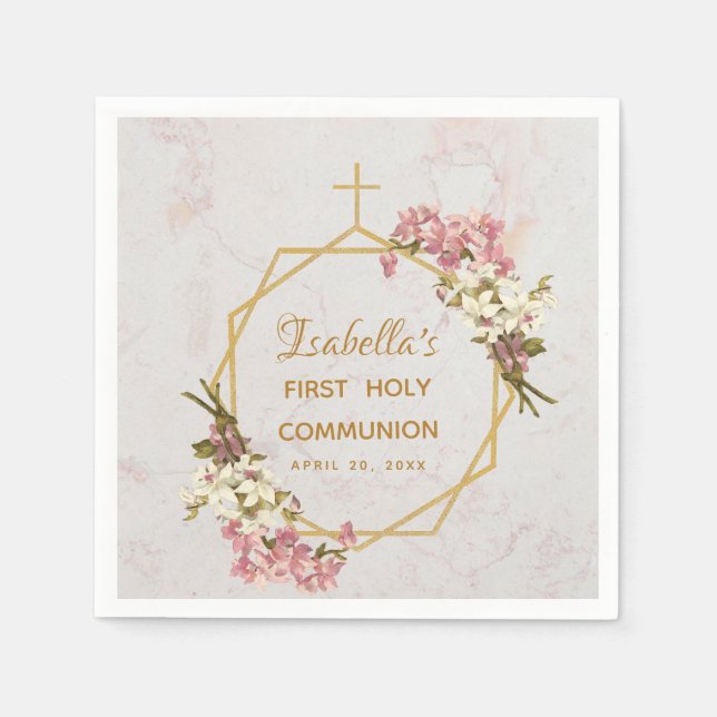 First Communion Marble Gold Orchid Floral Geometry Napkin (Front)