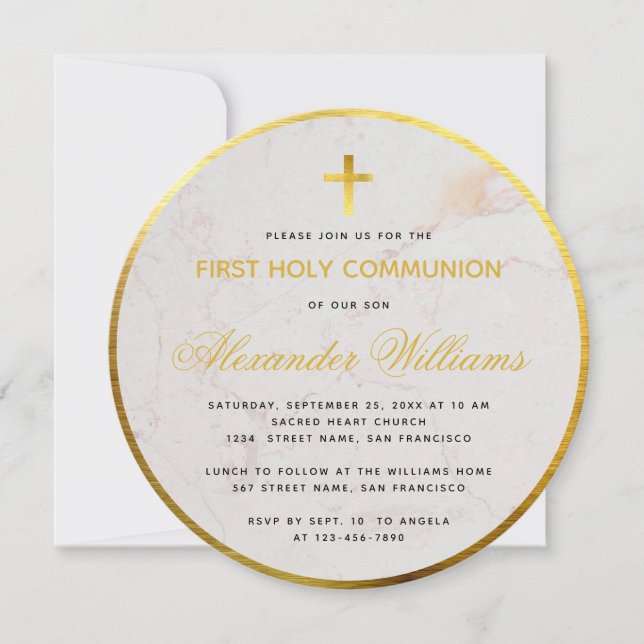 First Communion Marble Script Faux Gold Foil Round Invitation (Front)