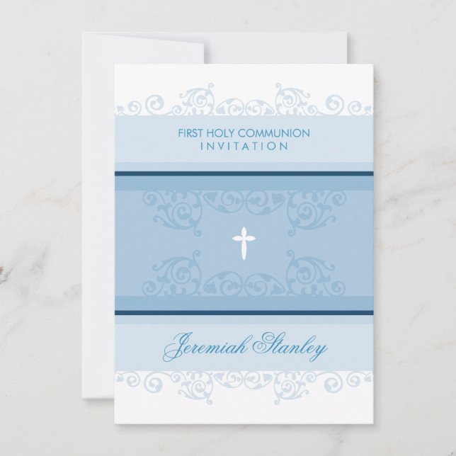 FIRST COMMUNION modern elegant swirls curls blue Invitation (Front)