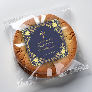 First Communion Navy Blue Elegant  Boy Faux Gold Square Sticker