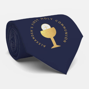 First Communion Navy Blue Faux Gold Chalice & Name Tie