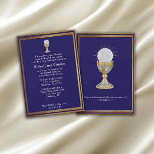 First Communion navy blue gold chalice host Invitation