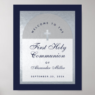 First Communion Navy Blue Silver Arch Welcome Poster