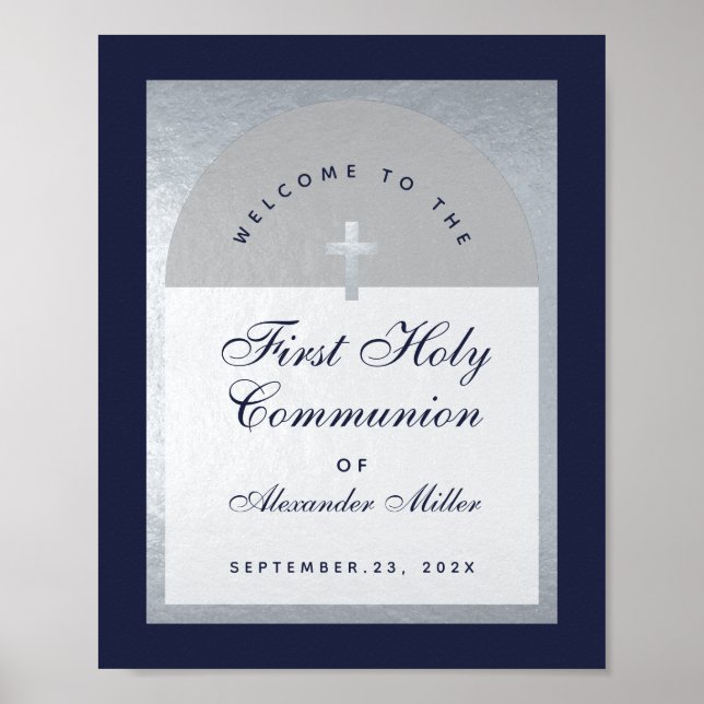 First Communion Navy Blue Silver Arch Welcome Poster (Front)