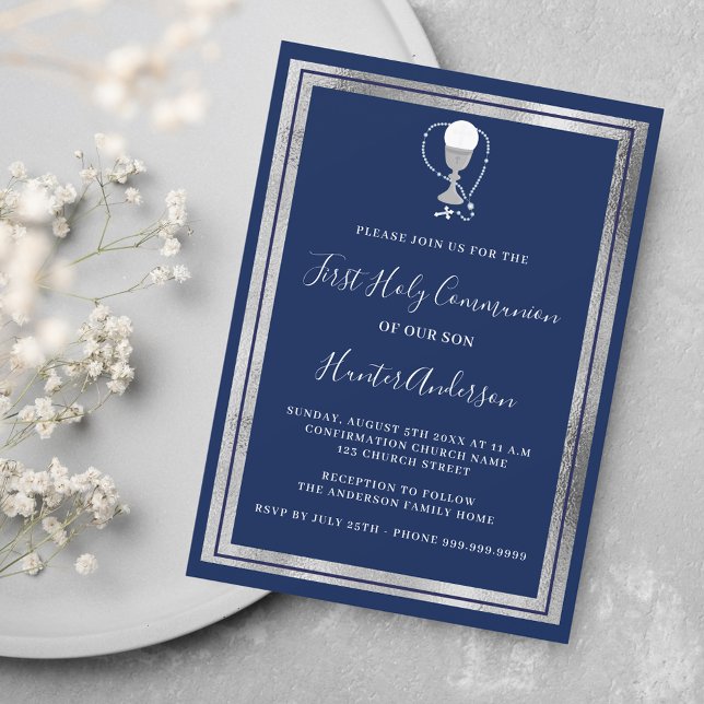 First Communion navy blue silver chalice luxury Invitation (Creator Uploaded)