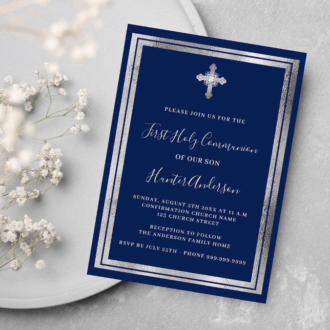 First Communion navy blue silver cross luxury Invitation (Creator Uploaded)