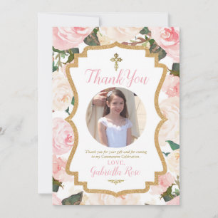 First Communion or Baptism Floral Pink  Thank You Card