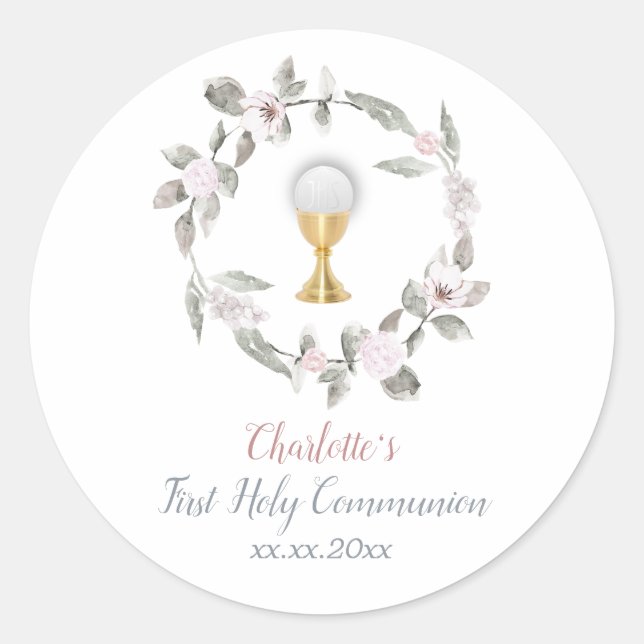 First Communion pale flowers circle Classic Round Sticker (Front)