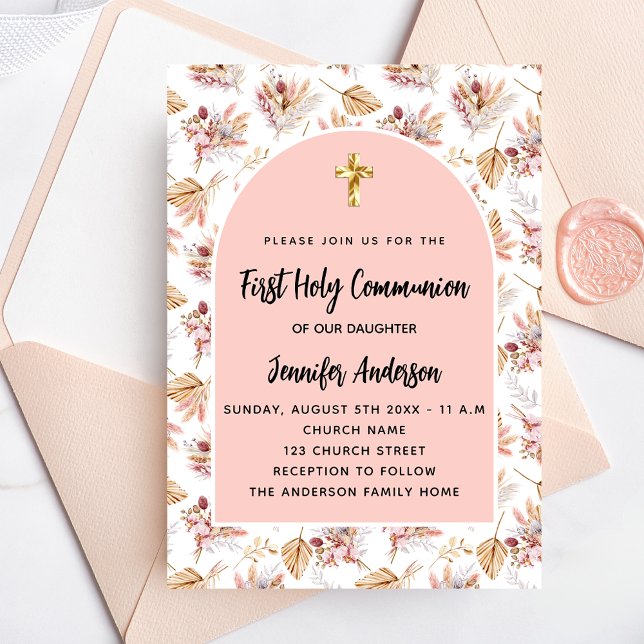 First Communion pampas flowers rose gold pink girl Invitation (Creator Uploaded)