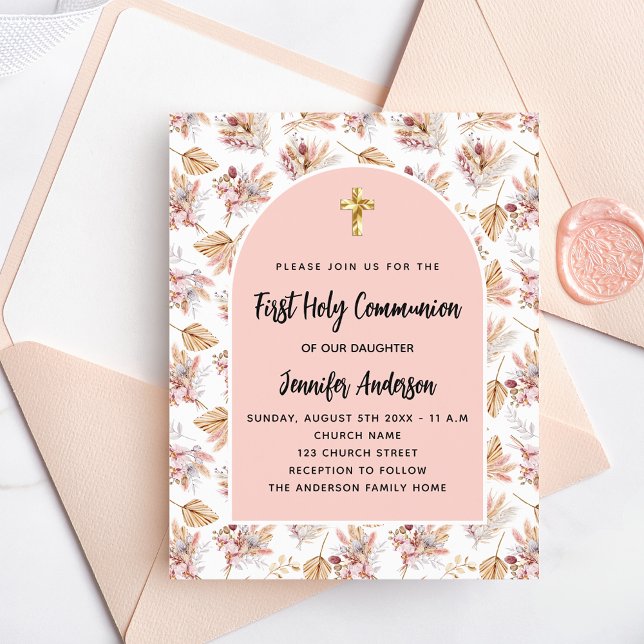First Communion pampas rose gold budget invitation Flyer (Creator Uploaded)