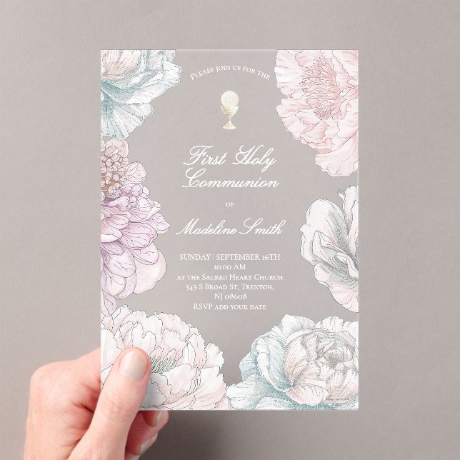 first communion pastel colours peonies  acrylic invitations (Insitu (Handheld))